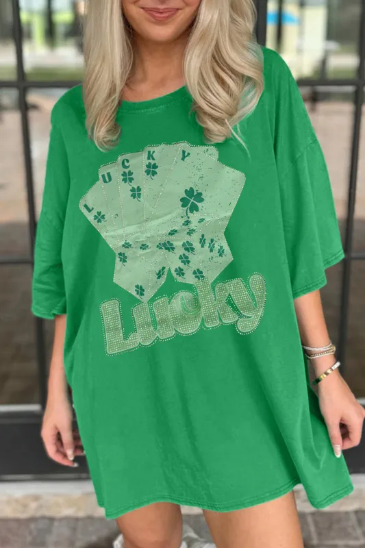 Bright Green Rhinestone Lucky Poker Cards Oversized T Shirt Mini Dress sold by Beagle Boutique