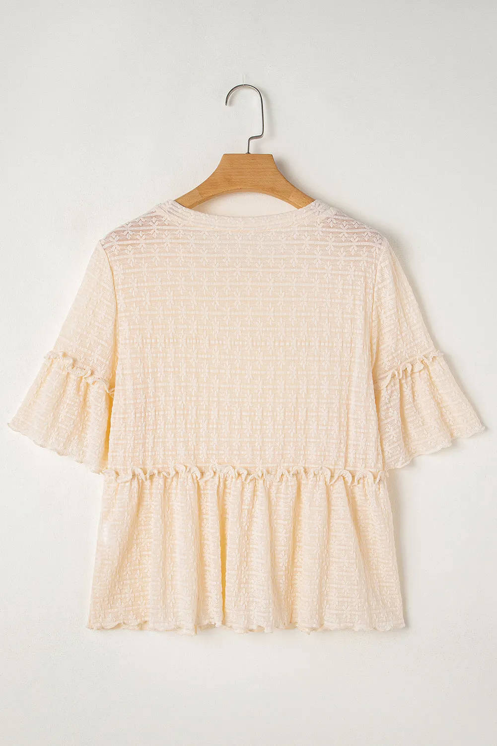 Beige Solid Colour Textured Ruffled Short Sleeve Blouse sold by Beagle Boutique product image thumbnail 4