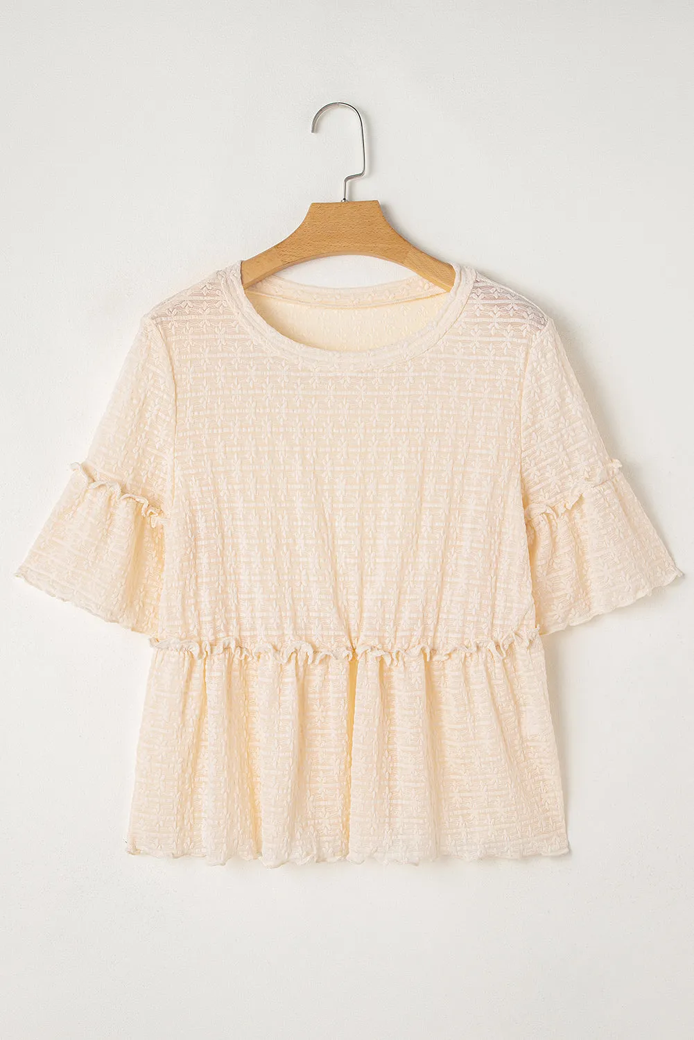 Beige Solid Colour Textured Ruffled Short Sleeve Blouse sold by Beagle Boutique product image thumbnail 3