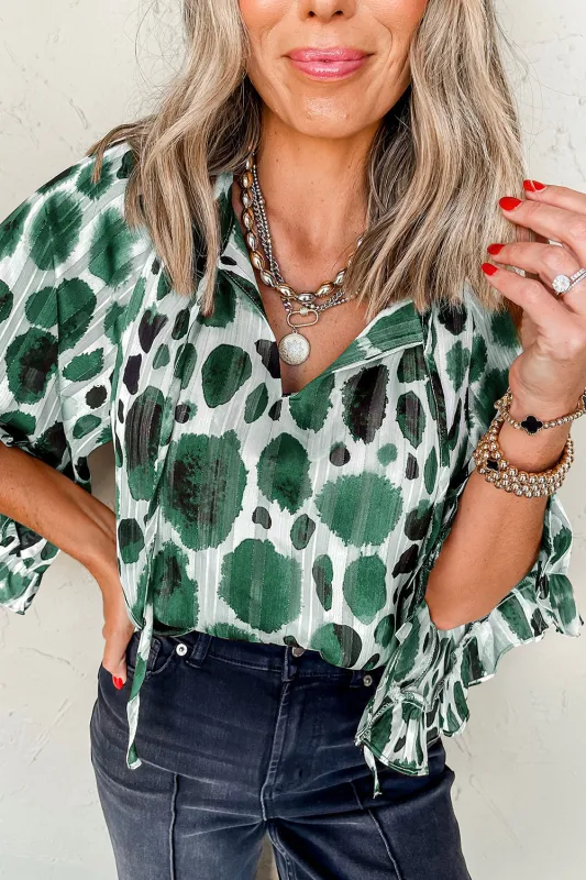 Green Metallic Threading Accents Pleated Abstract Printed Ruffled 3/4 Sleeve Blouse sold by Beagle Boutique