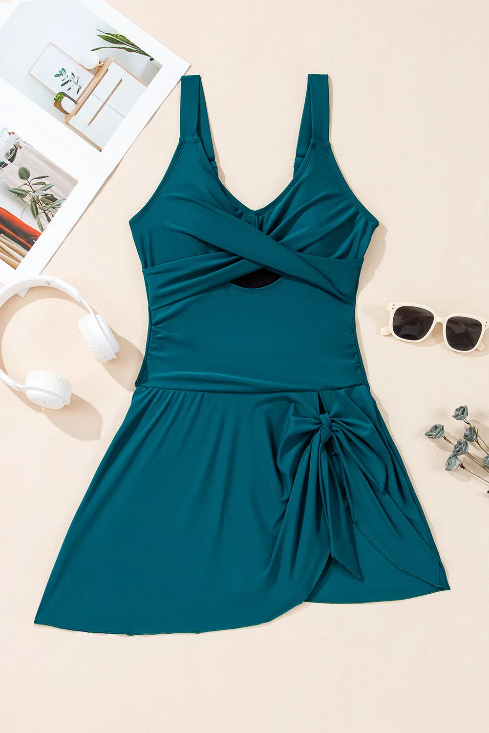 Sea Green Adjustable Straps Cutout Ruched Knot Slit One Piece Swim Dress sold by Beagle Boutique product image thumbnail 3