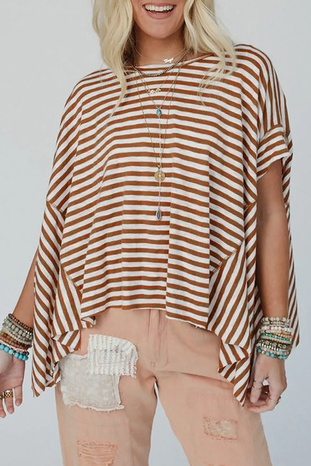 Khaki Stripe Batwing Sleeve Crewneck Oversized Top sold by Beagle Boutique