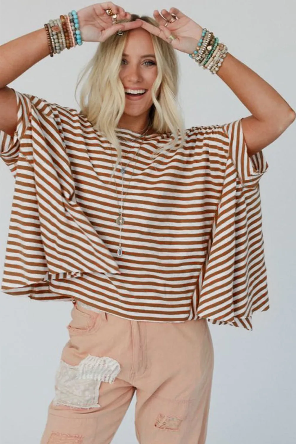 Khaki Stripe Batwing Sleeve Crewneck Oversized Top sold by Beagle Boutique product image thumbnail 3