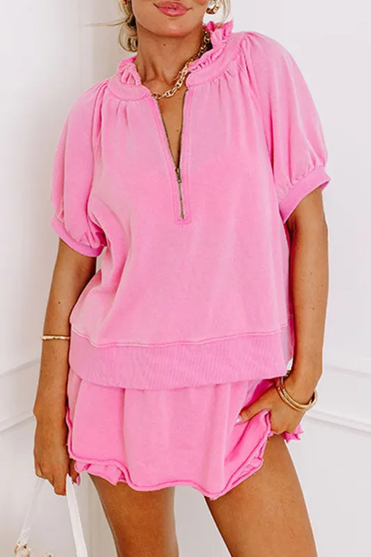 Pink Half Zip Puff Sleeve Top and Ruffled Shorts Set sold by Beagle Boutique