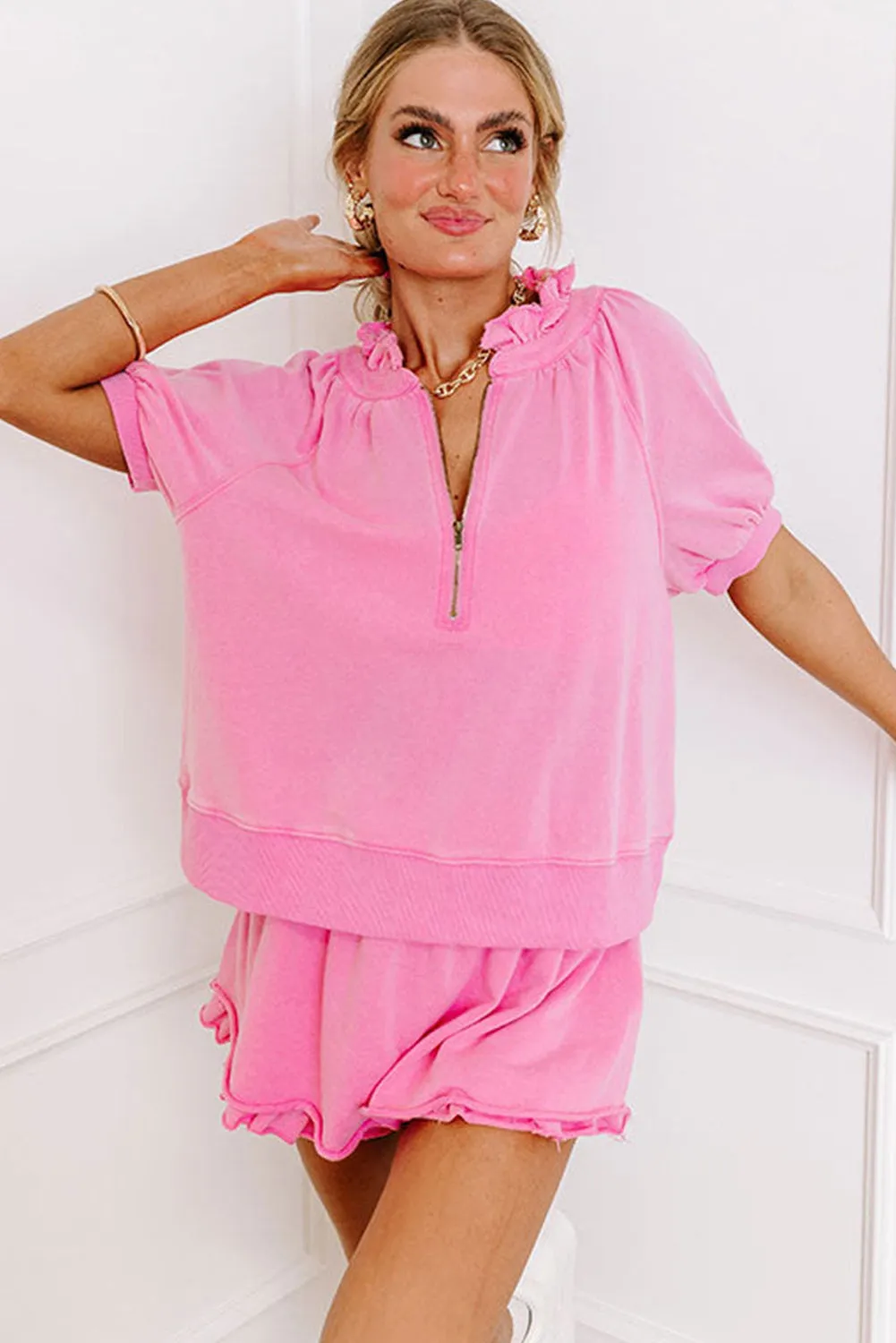 Pink Half Zip Puff Sleeve Top and Ruffled Shorts Set sold by Beagle Boutique product image thumbnail 4