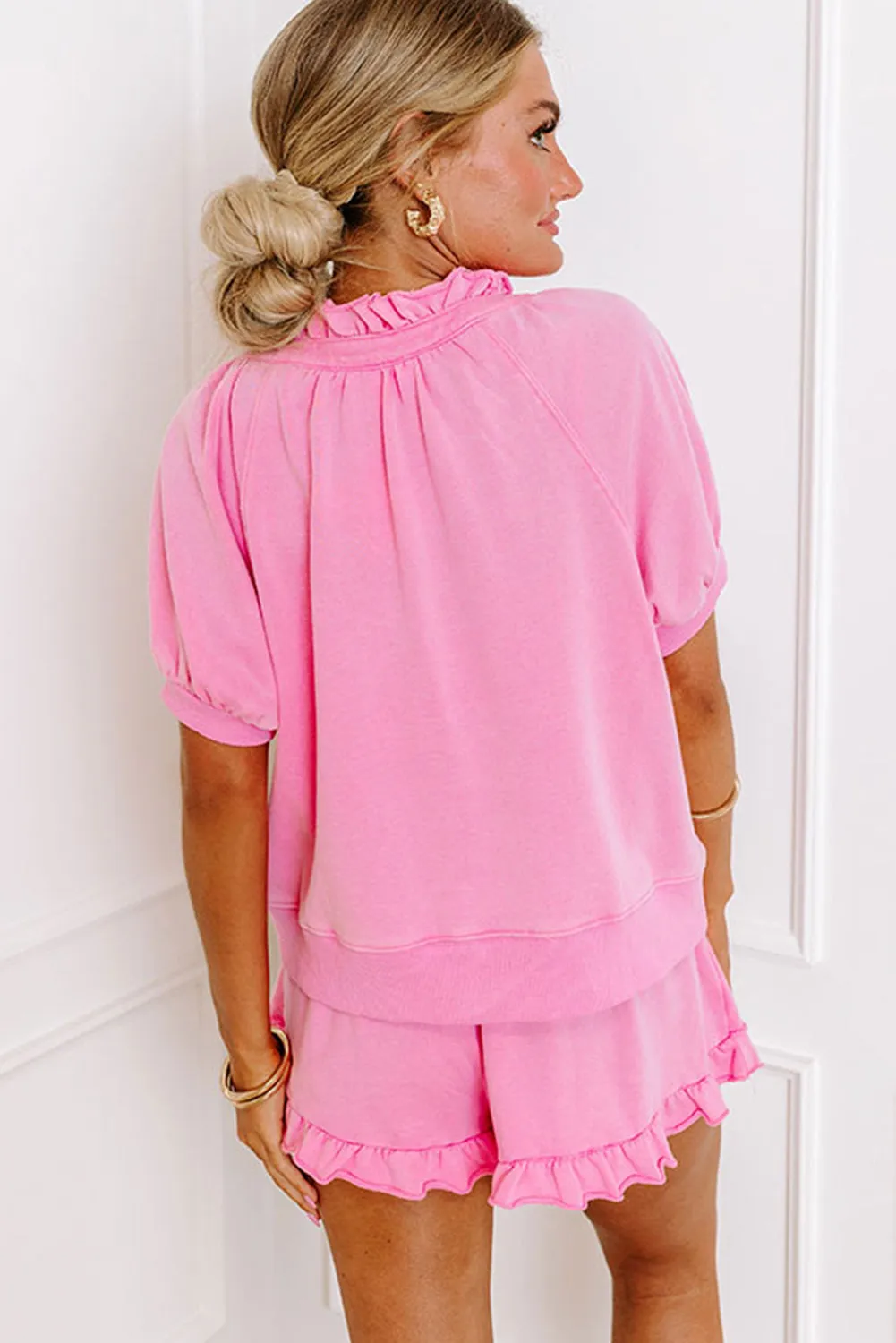 Pink Half Zip Puff Sleeve Top and Ruffled Shorts Set sold by Beagle Boutique product image thumbnail 2