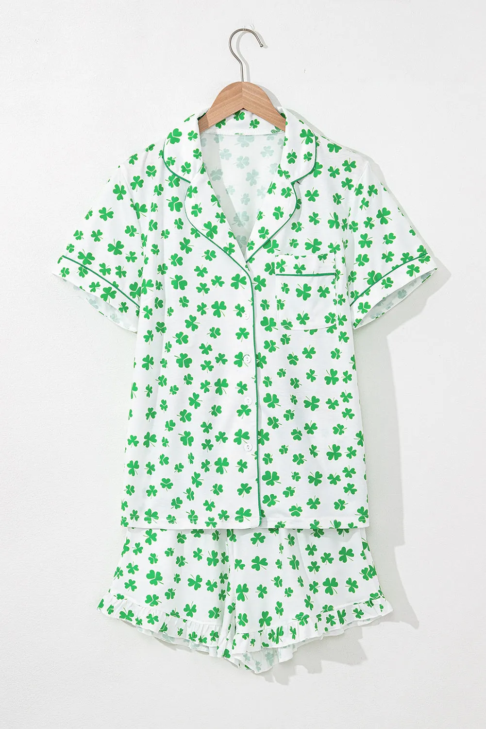 Green Clover Printed Short Sleeve and Ruffled Shorts Pyjama Set sold by Beagle Boutique product image thumbnail 4