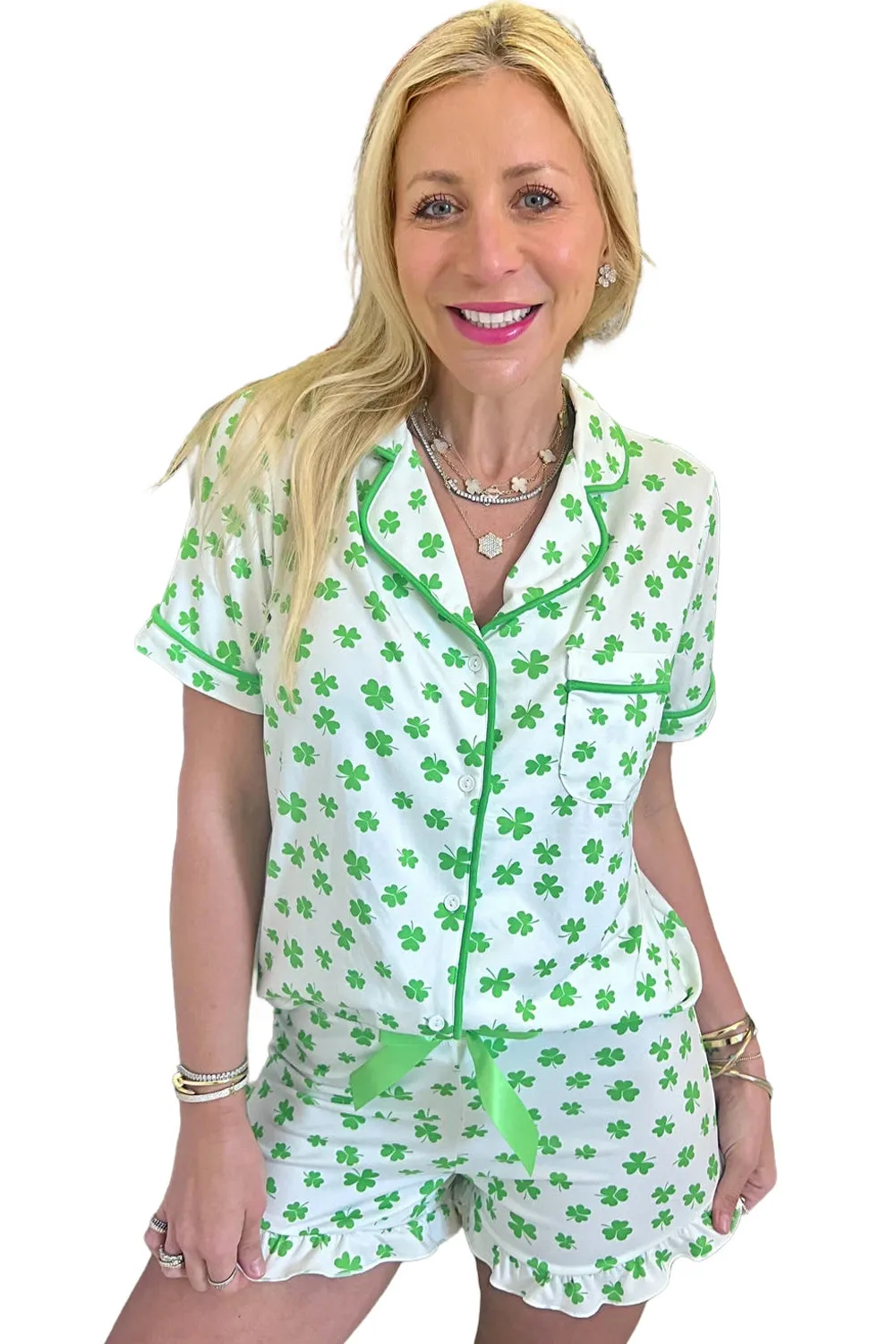 Green Clover Printed Short Sleeve and Ruffled Shorts Pyjama Set sold by Beagle Boutique product image thumbnail 3