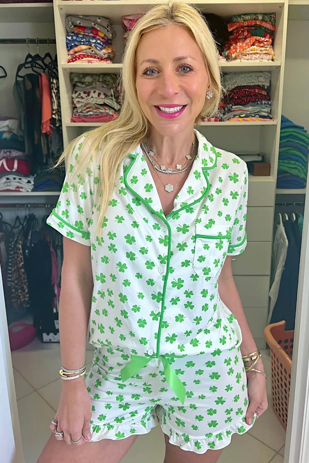 Green Clover Printed Short Sleeve and Ruffled Shorts Pyjama Set sold by Beagle Boutique product image thumbnail 2