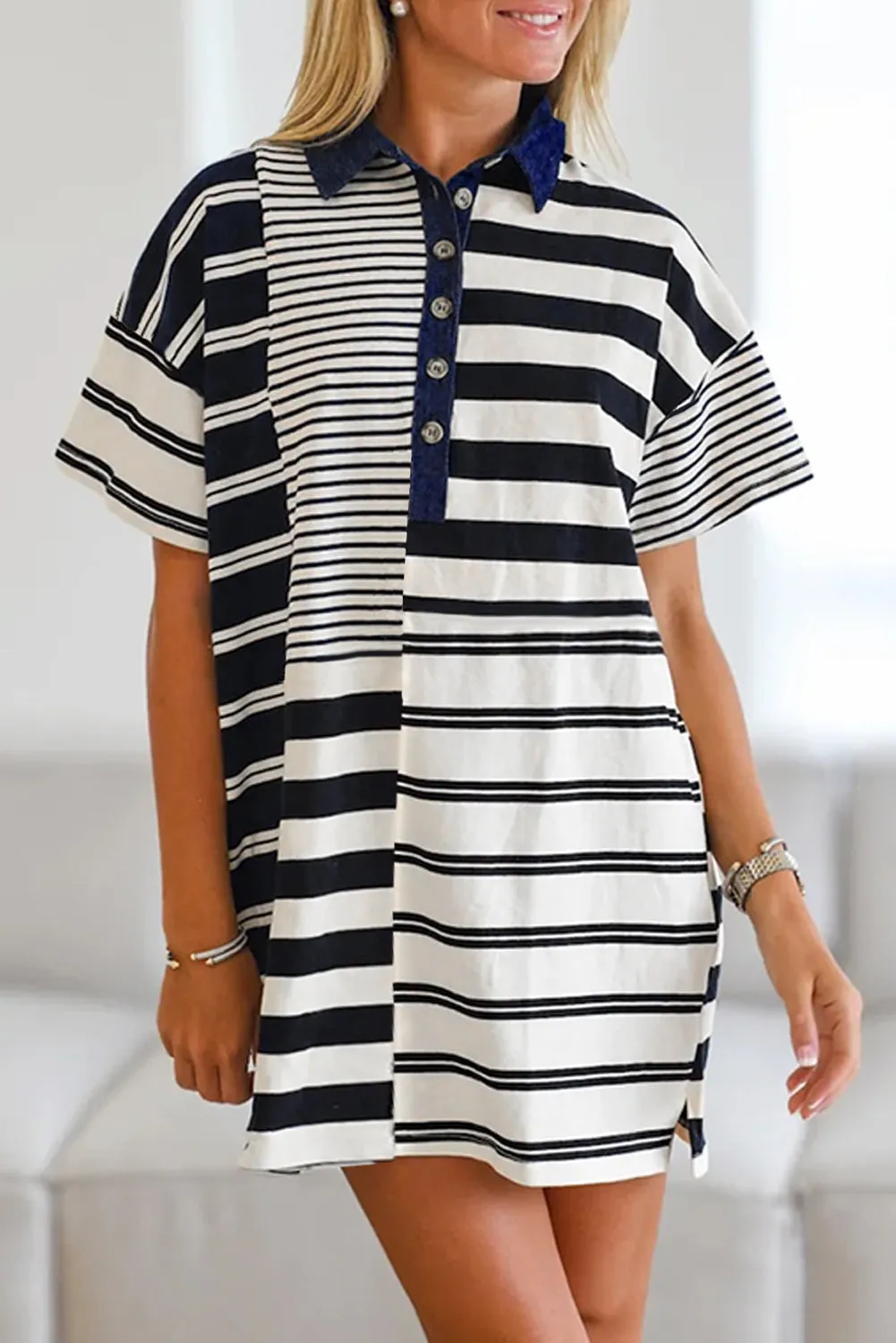 Black Stripe Half Placket Polo T Shirt Dress sold by Beagle Boutique