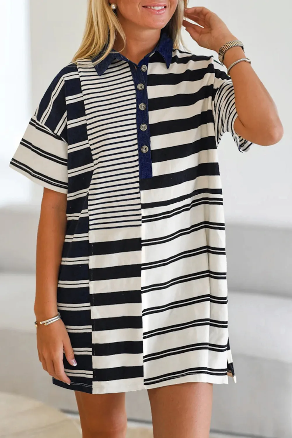 Black Stripe Half Placket Polo T Shirt Dress sold by Beagle Boutique product image thumbnail 3