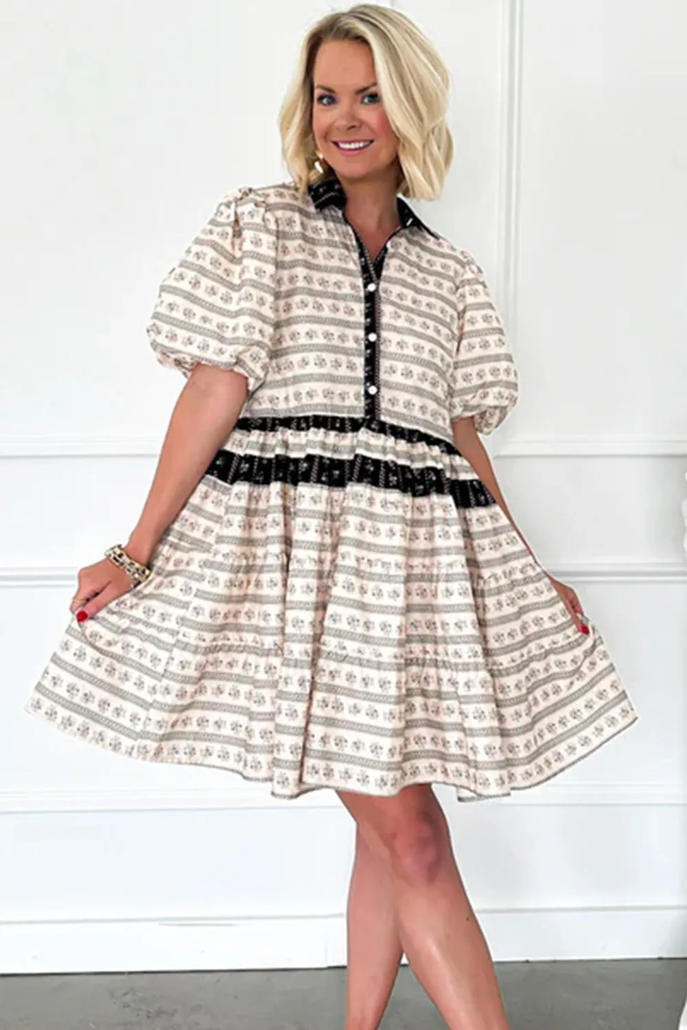 Boho Floral Striped Contrast Trim Bubble Sleeve Flared Dress sold by Beagle Boutique product image thumbnail 2