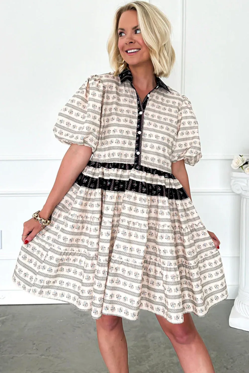 Boho Floral Striped Contrast Trim Bubble Sleeve Flared Dress sold by Beagle Boutique product image thumbnail 3
