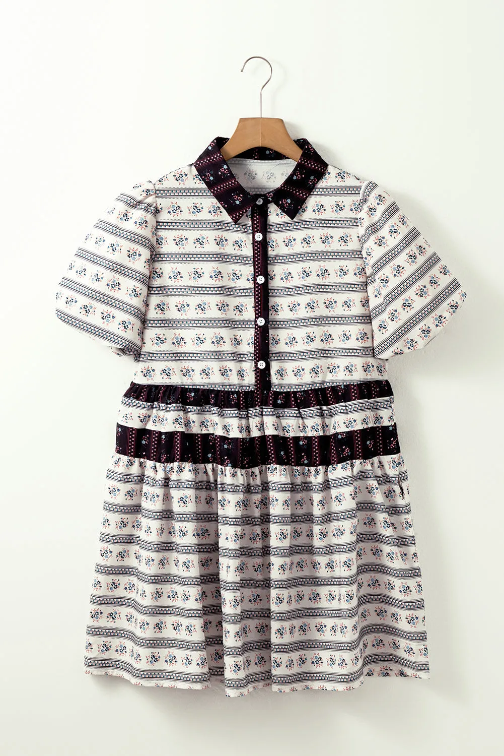 Boho Floral Striped Contrast Trim Bubble Sleeve Flared Dress sold by Beagle Boutique product image thumbnail 4