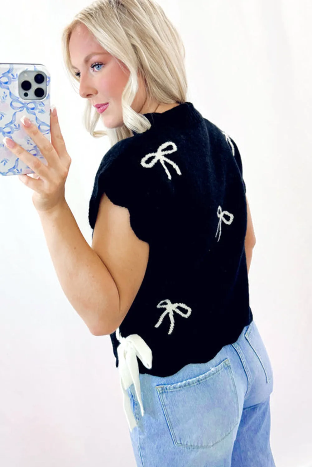 Black Bow Print Side Ties Scalloped Hem Sweater sold by Beagle Boutique product image thumbnail 2