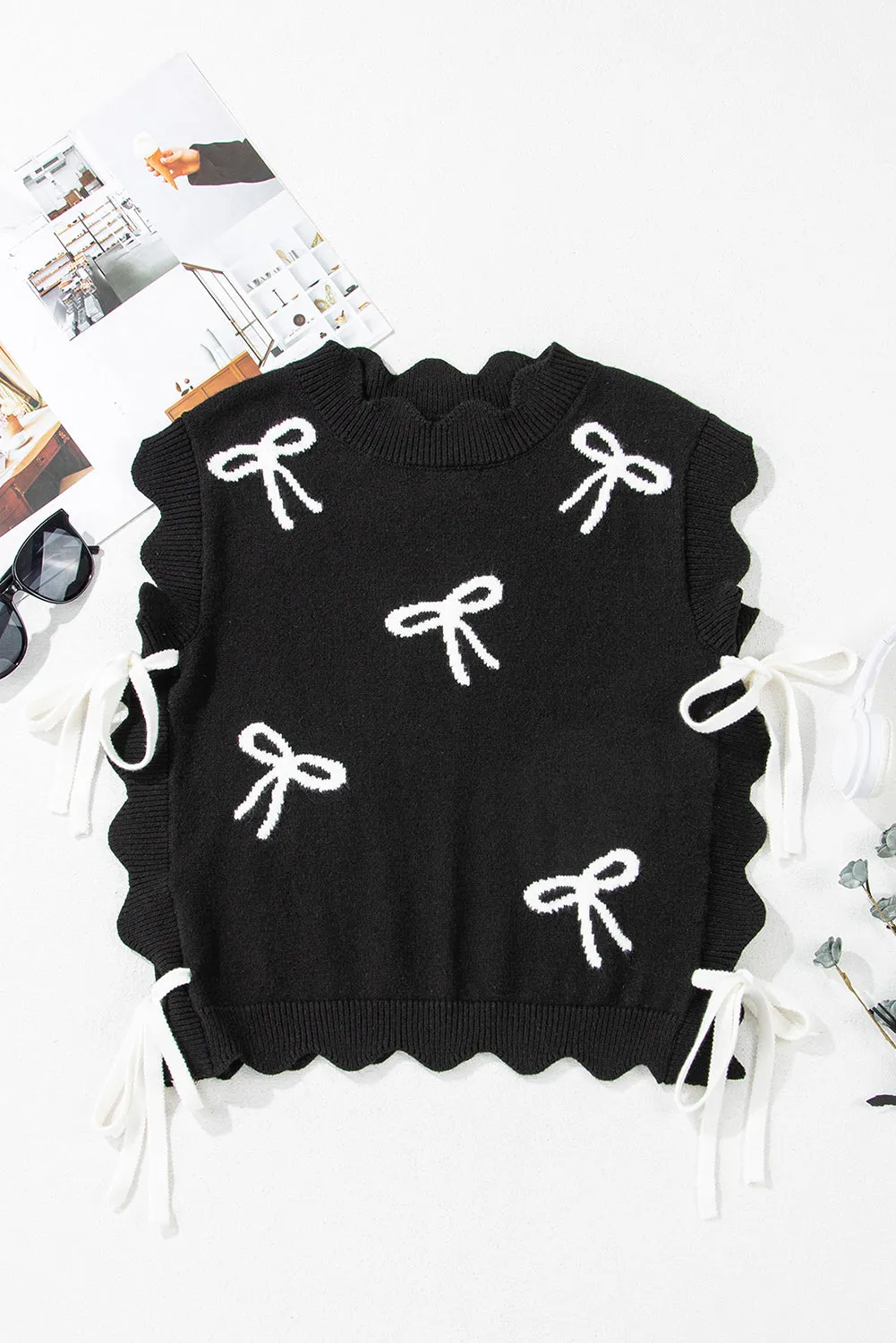 Black Bow Print Side Ties Scalloped Hem Sweater sold by Beagle Boutique product image thumbnail 4