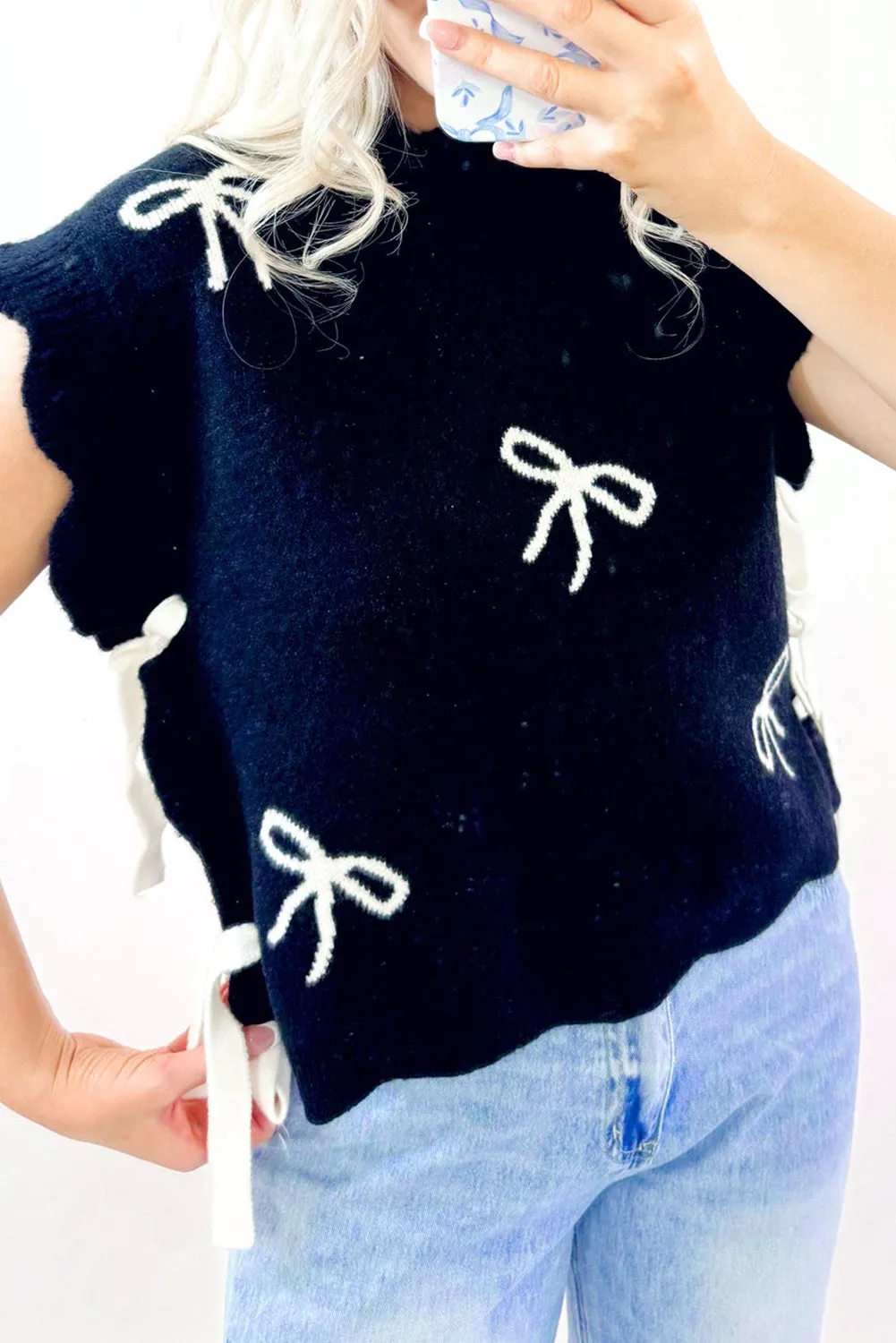 Black Bow Print Side Ties Scalloped Hem Sweater sold by Beagle Boutique