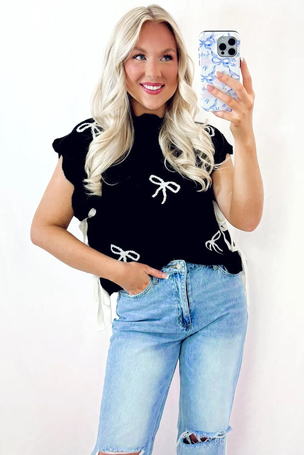 Black Bow Print Side Ties Scalloped Hem Sweater sold by Beagle Boutique product image thumbnail 3