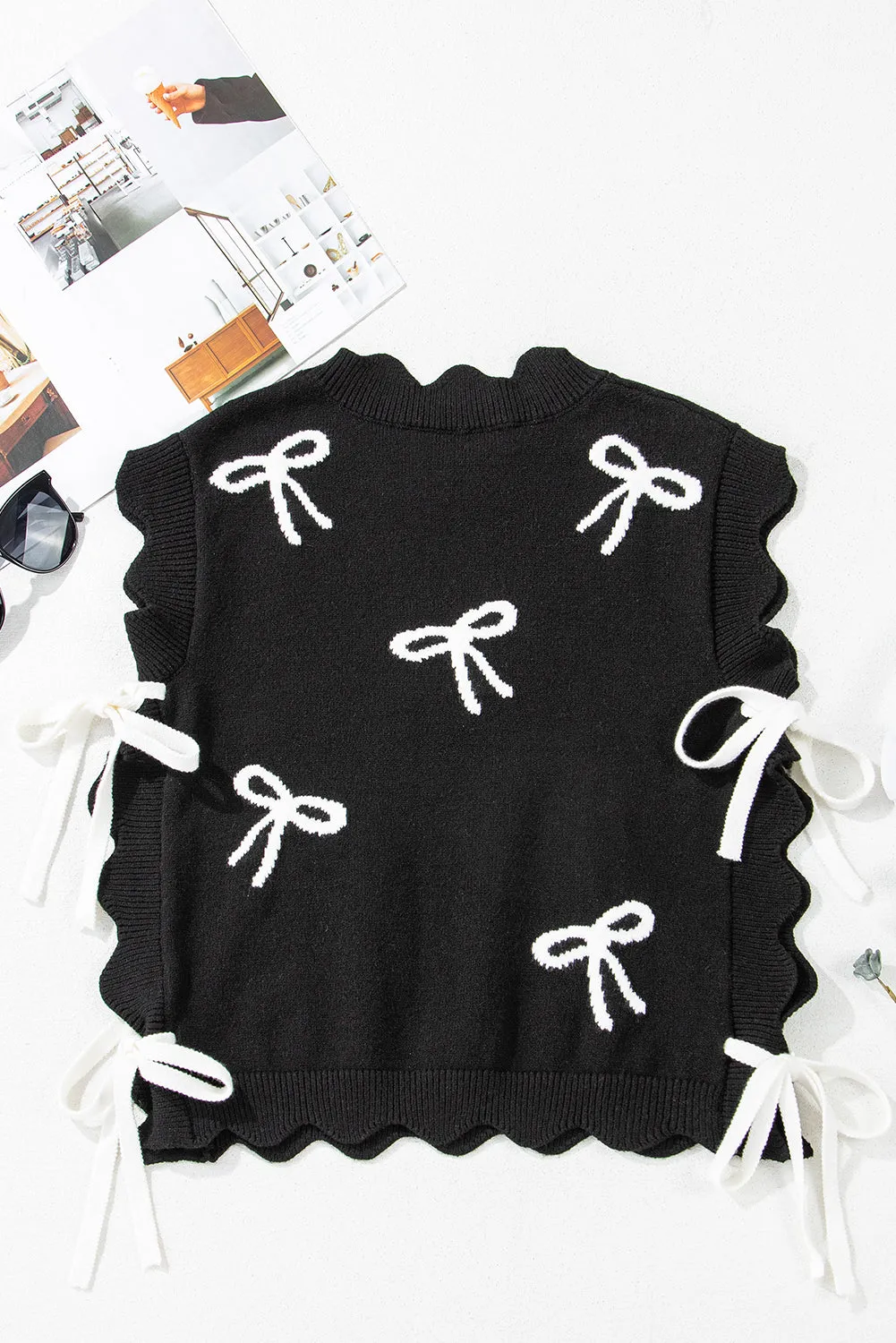 Black Bow Print Side Ties Scalloped Hem Sweater sold by Beagle Boutique product image thumbnail 5