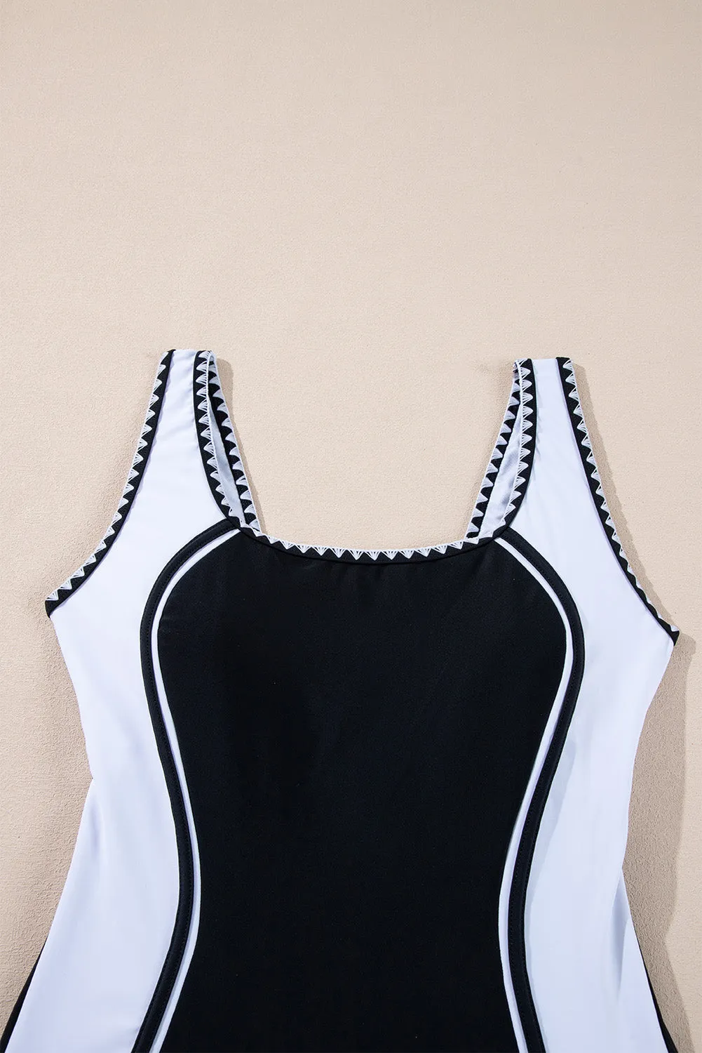 Black Colour Block Ric Rac Trim U Neck One Piece Swimsuit sold by Beagle Boutique product image thumbnail 3