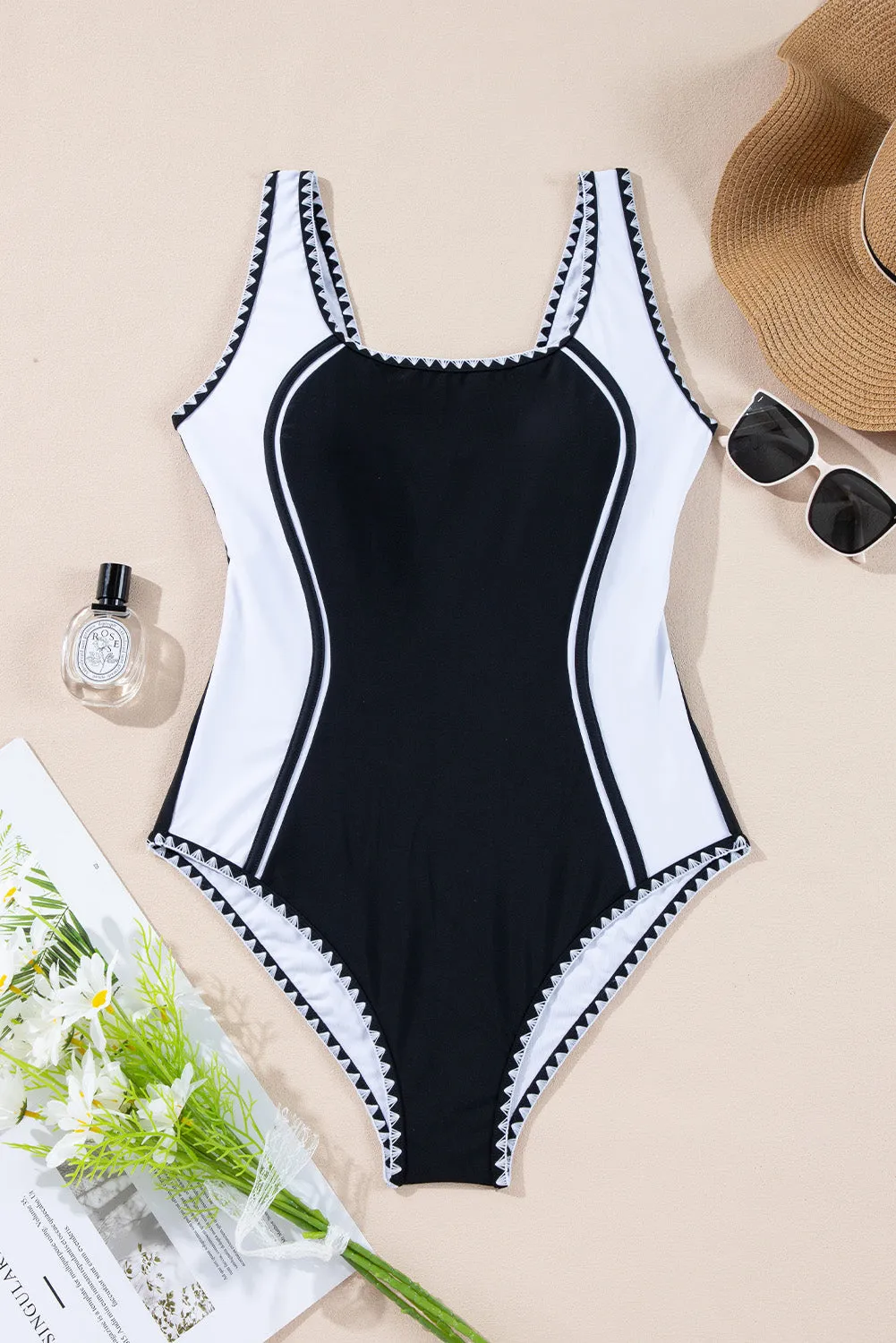 Black Colour Block Ric Rac Trim U Neck One Piece Swimsuit sold by Beagle Boutique