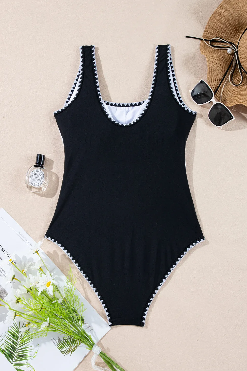 Black Colour Block Ric Rac Trim U Neck One Piece Swimsuit sold by Beagle Boutique product image thumbnail 2