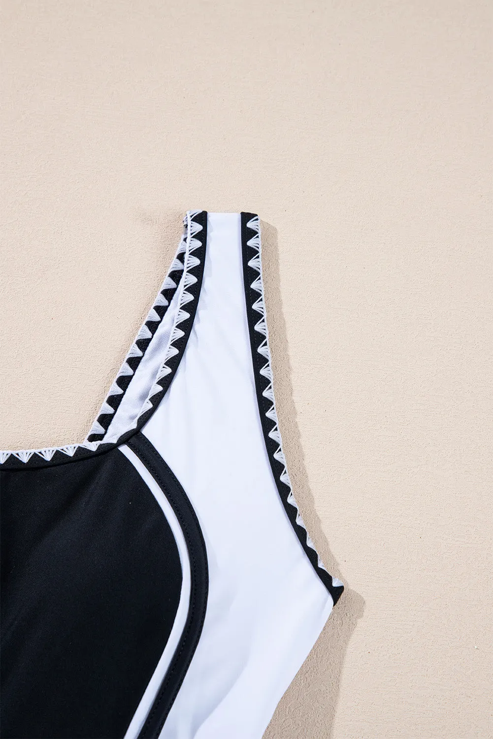 Black Colour Block Ric Rac Trim U Neck One Piece Swimsuit sold by Beagle Boutique product image thumbnail 5