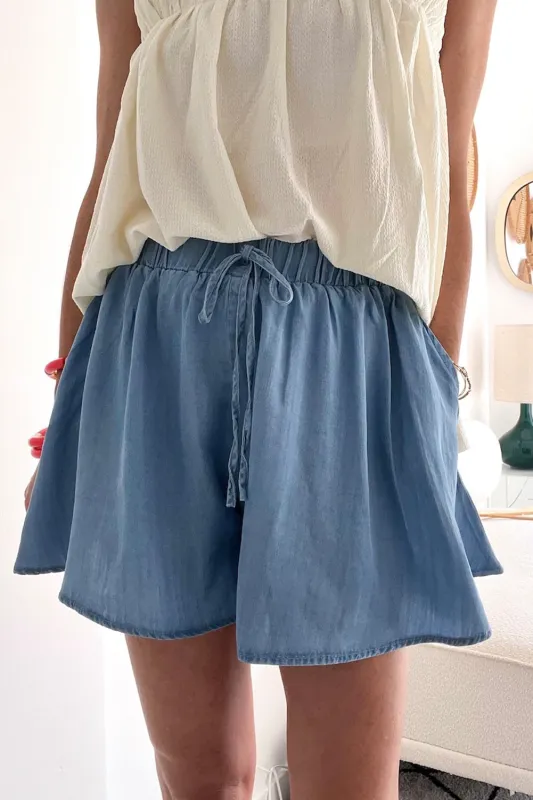 Dusk Blue Drawstring Elastic Waist Wide Leg Denim Shorts sold by Beagle Boutique