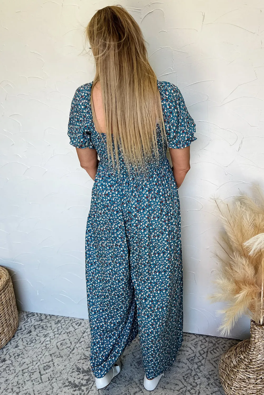 Blue Vintage Boho Floral Smocked Short Puff Sleeve Wide Leg Jumpsuit sold by Beagle Boutique product image thumbnail 2