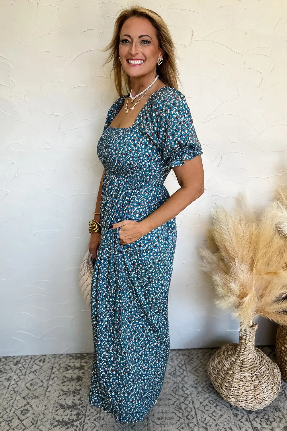 Blue Vintage Boho Floral Smocked Short Puff Sleeve Wide Leg Jumpsuit sold by Beagle Boutique product image thumbnail 3
