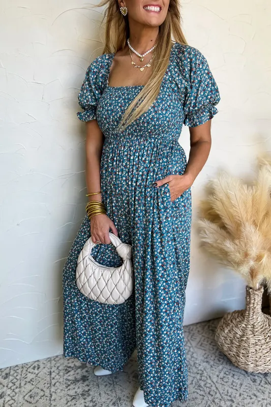 Blue Vintage Boho Floral Smocked Short Puff Sleeve Wide Leg Jumpsuit sold by Beagle Boutique