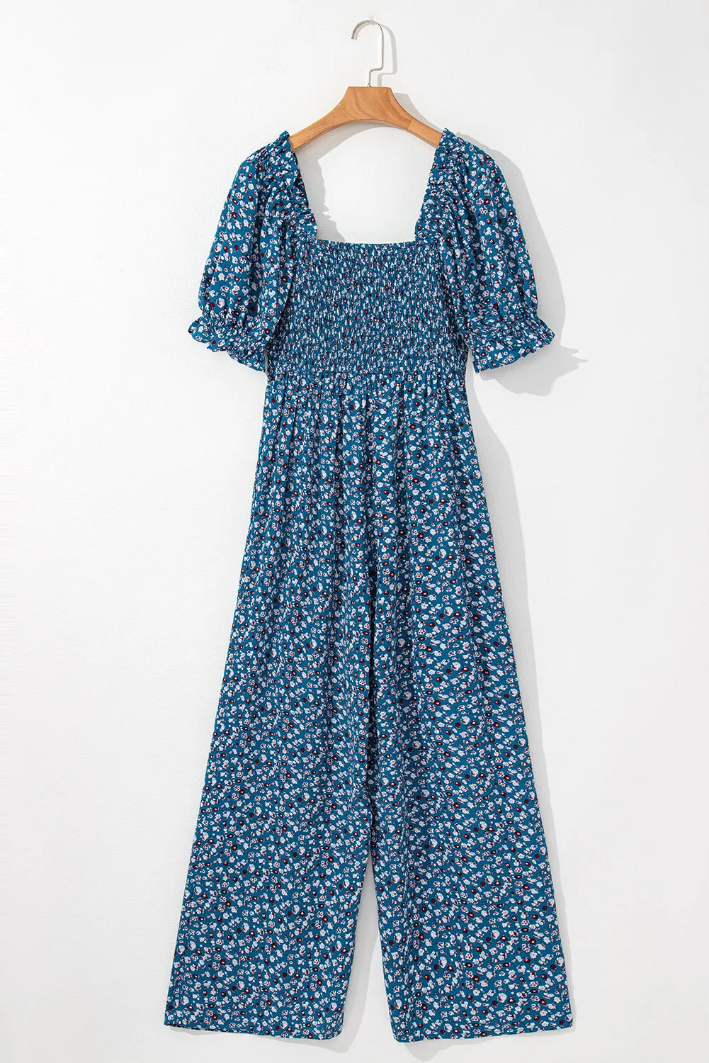 Blue Vintage Boho Floral Smocked Short Puff Sleeve Wide Leg Jumpsuit sold by Beagle Boutique product image thumbnail 5