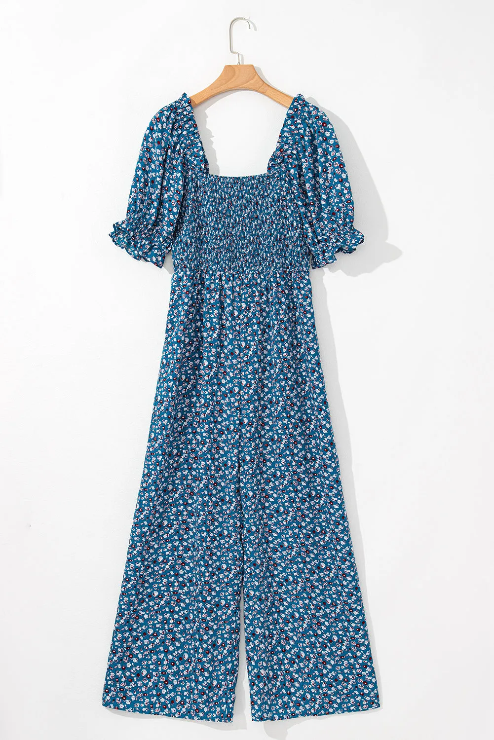 Blue Vintage Boho Floral Smocked Short Puff Sleeve Wide Leg Jumpsuit sold by Beagle Boutique product image thumbnail 4