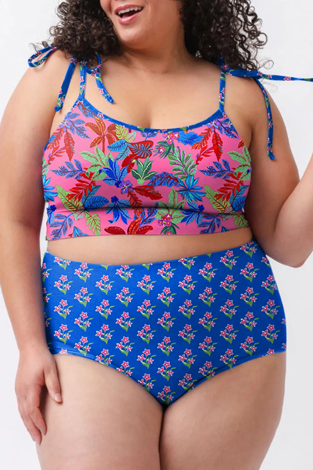 Blue Fashion Print Tied Straps Crop Vest and High Waist Plus Size Bikini sold by Beagle Boutique
