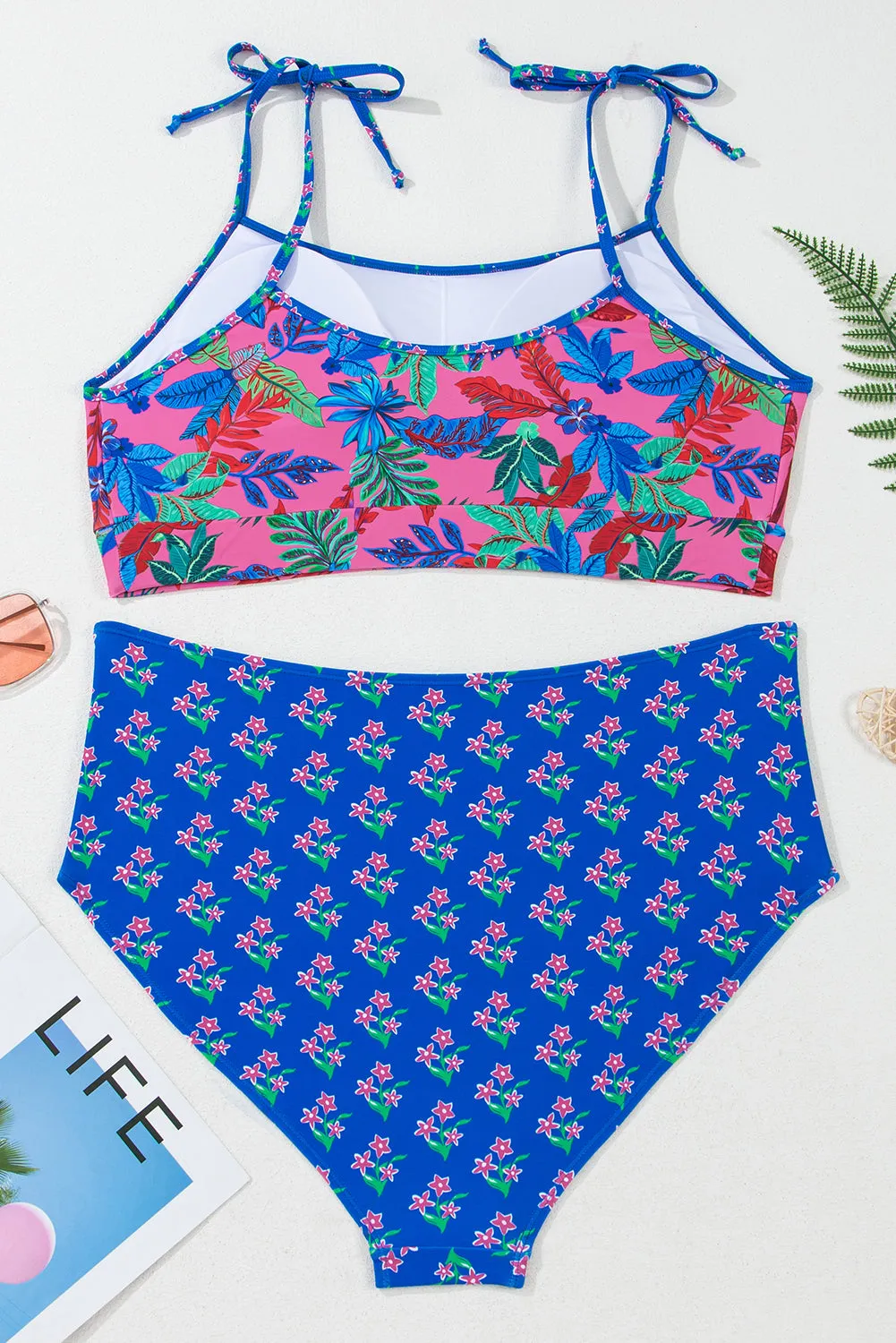 Blue Fashion Print Tied Straps Crop Vest and High Waist Plus Size Bikini sold by Beagle Boutique product image thumbnail 4
