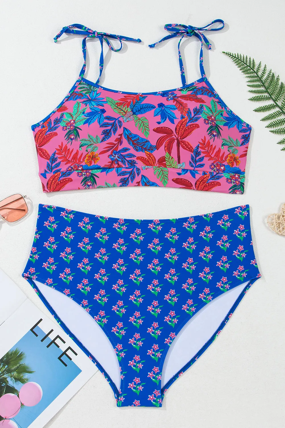 Blue Fashion Print Tied Straps Crop Vest and High Waist Plus Size Bikini sold by Beagle Boutique product image thumbnail 5