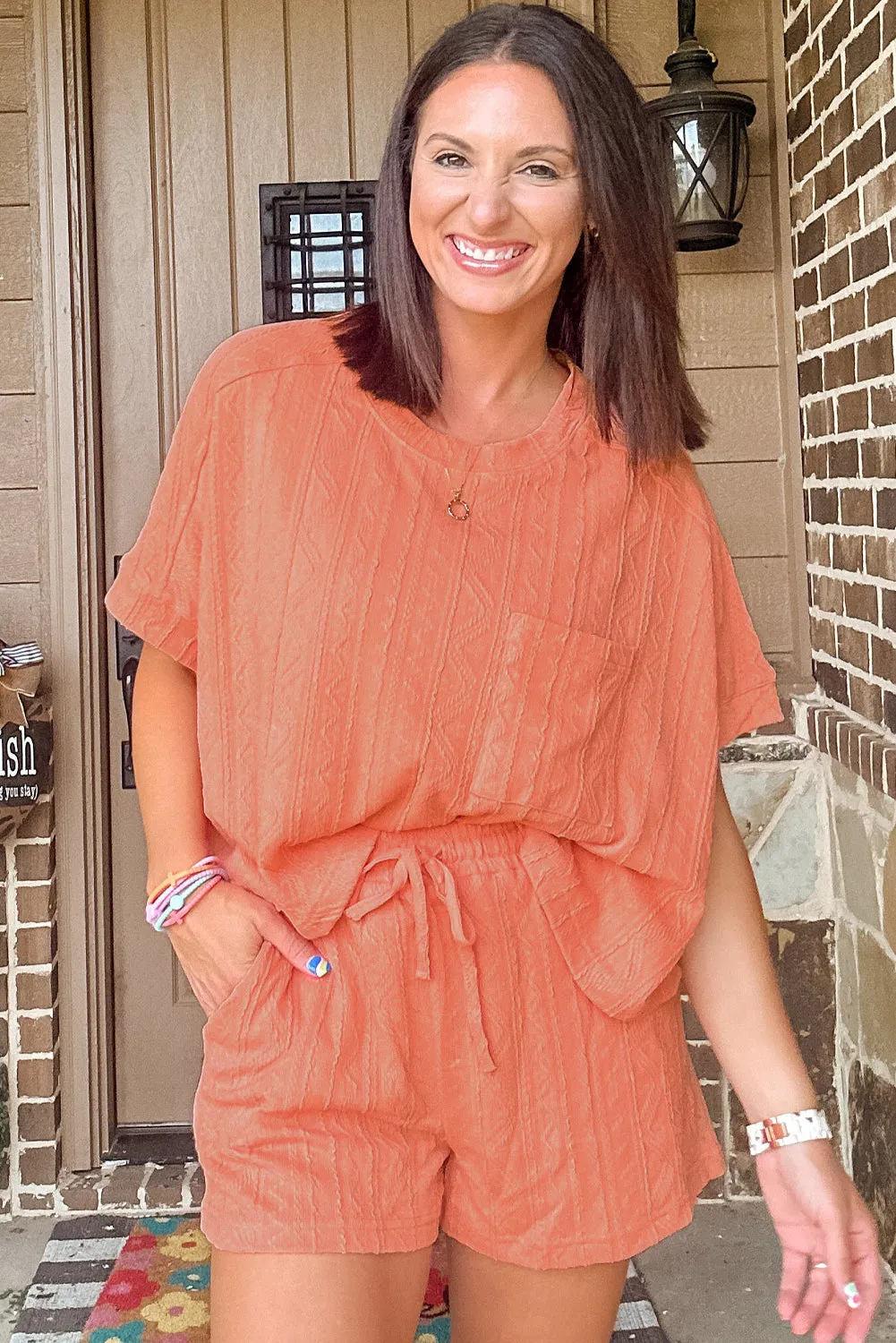 Pale Chestnut Textured Patched Pocket Short Sleeve Top Drawstring Shorts Set sold by Beagle Boutique product image thumbnail 5