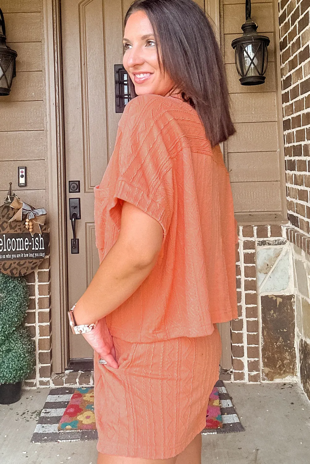 Pale Chestnut Textured Patched Pocket Short Sleeve Top Drawstring Shorts Set sold by Beagle Boutique product image thumbnail 4