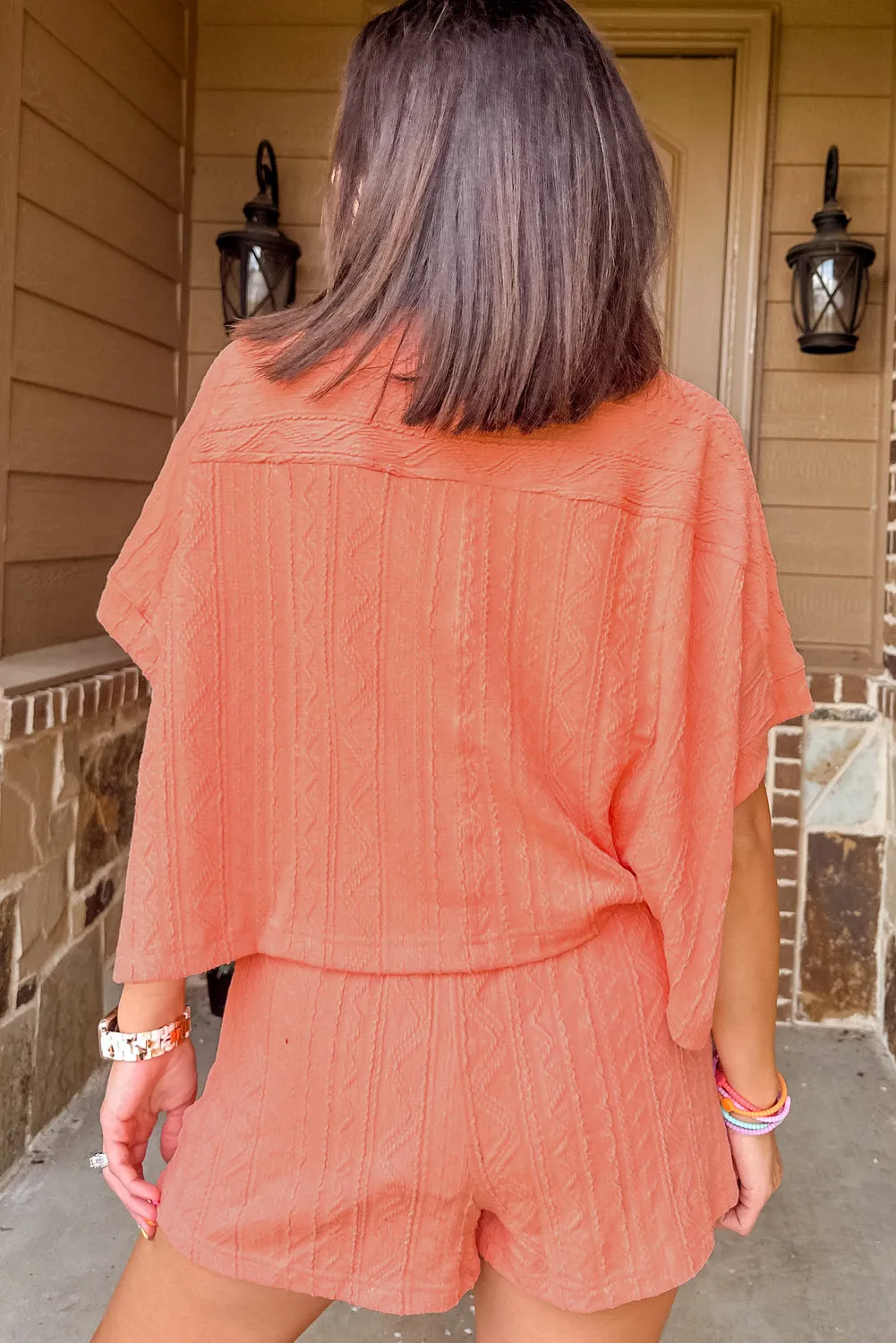 Pale Chestnut Textured Patched Pocket Short Sleeve Top Drawstring Shorts Set sold by Beagle Boutique product image thumbnail 2