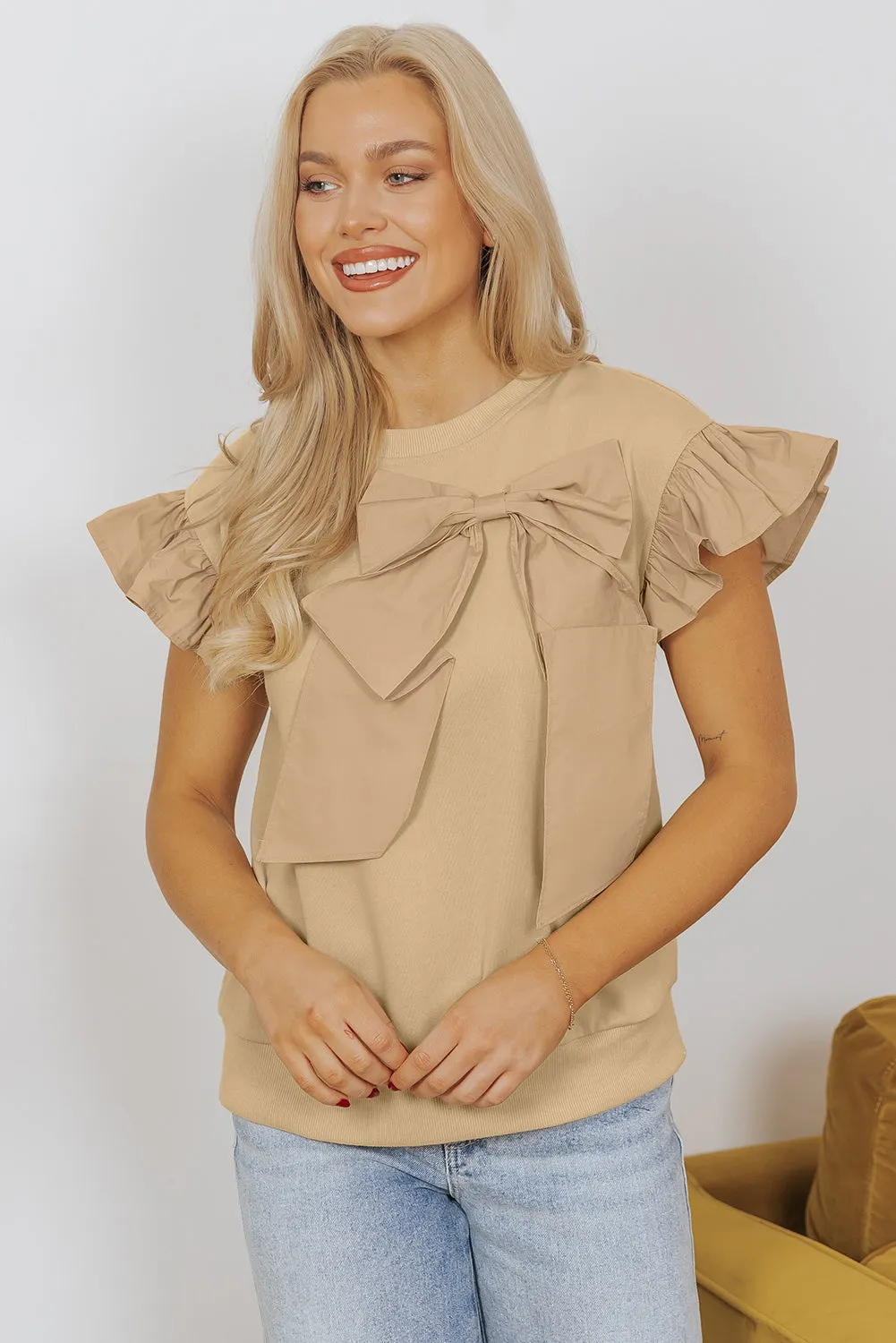 Parchment Two Tones Ribbon Bow Ruffle Sleeve Top sold by Beagle Boutique product image thumbnail 3