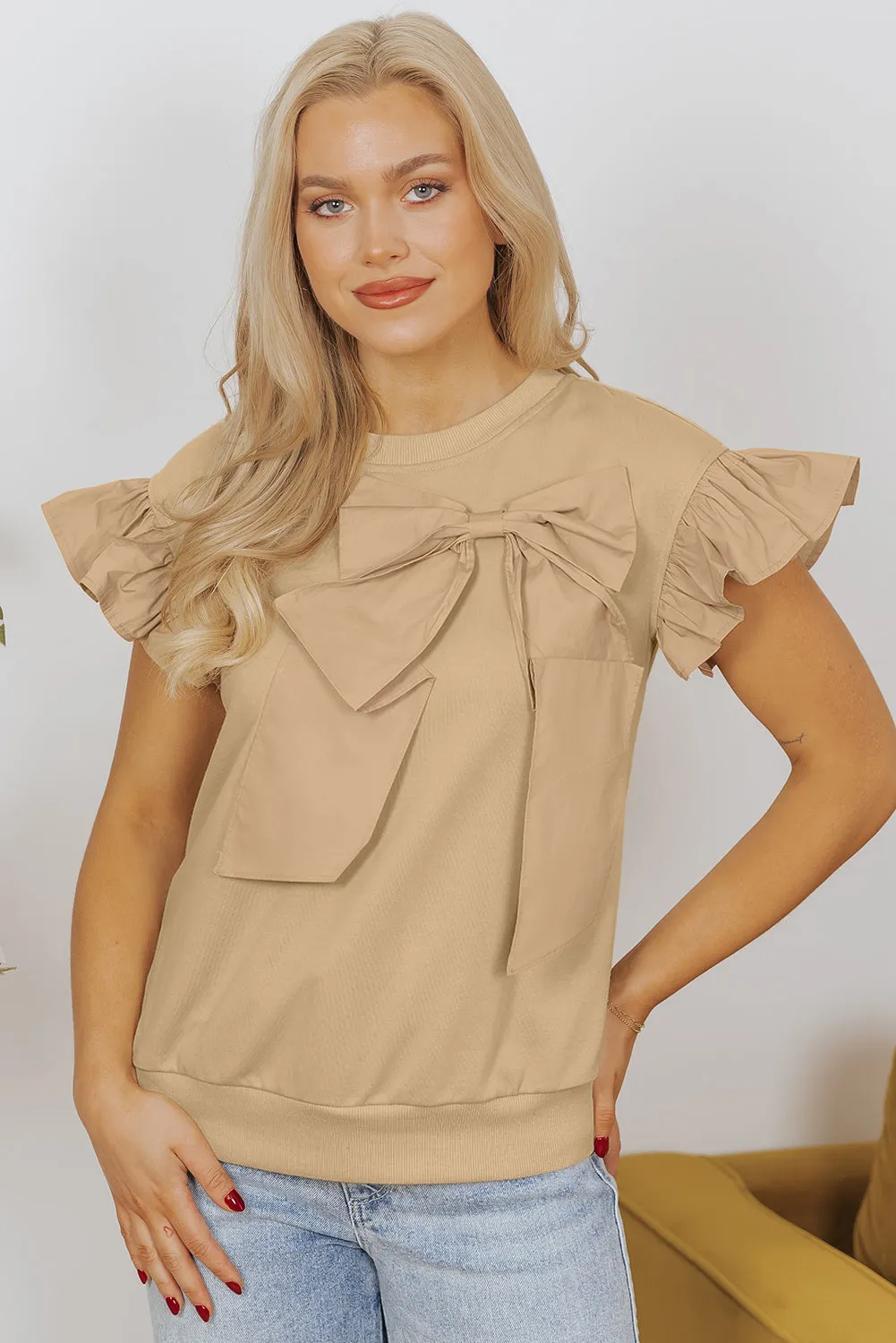Parchment Two Tones Ribbon Bow Ruffle Sleeve Top sold by Beagle Boutique