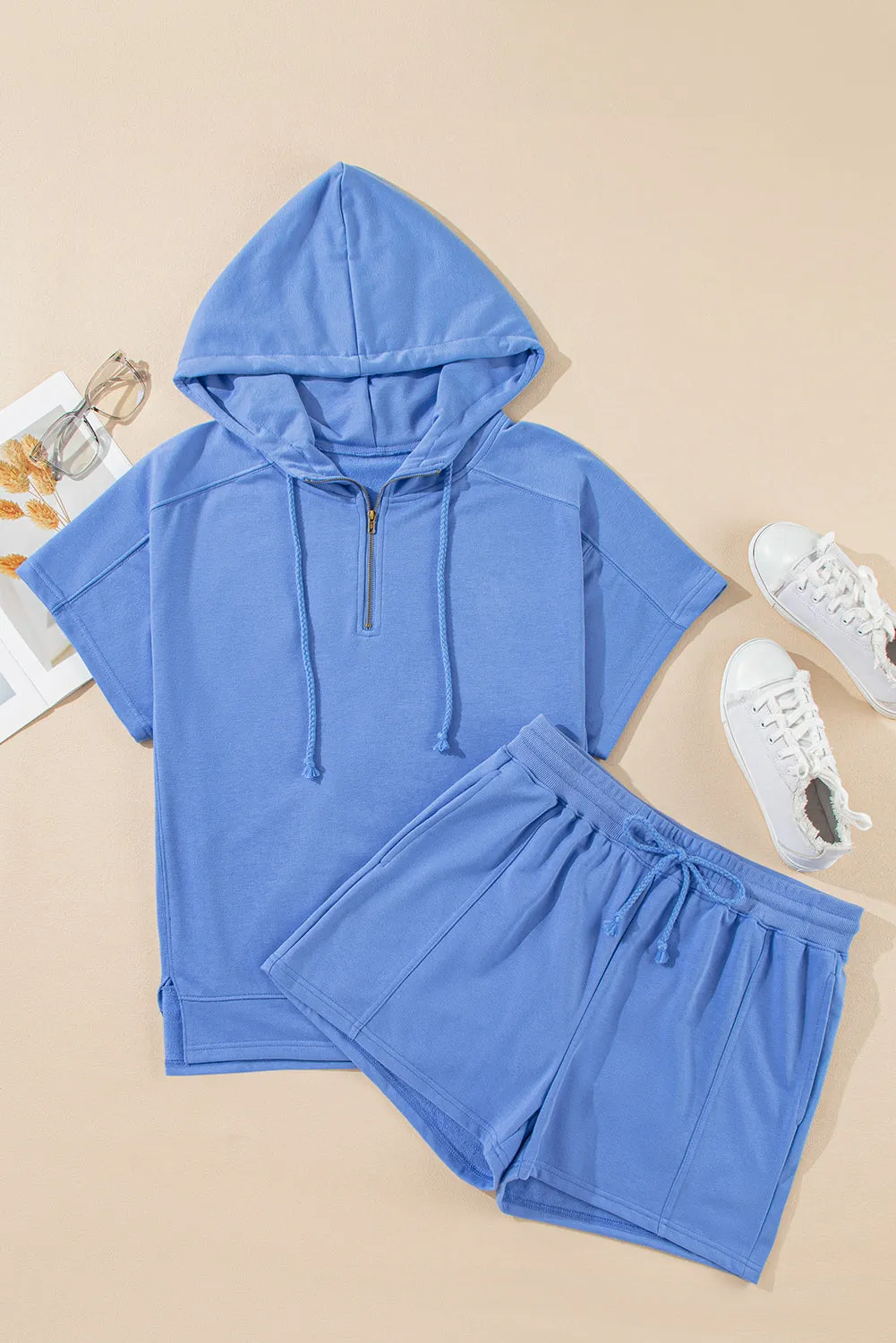 Sky Blue Casual Zipped Short Sleeve Hoodie and Shorts Set sold by Beagle Boutique product image thumbnail 4