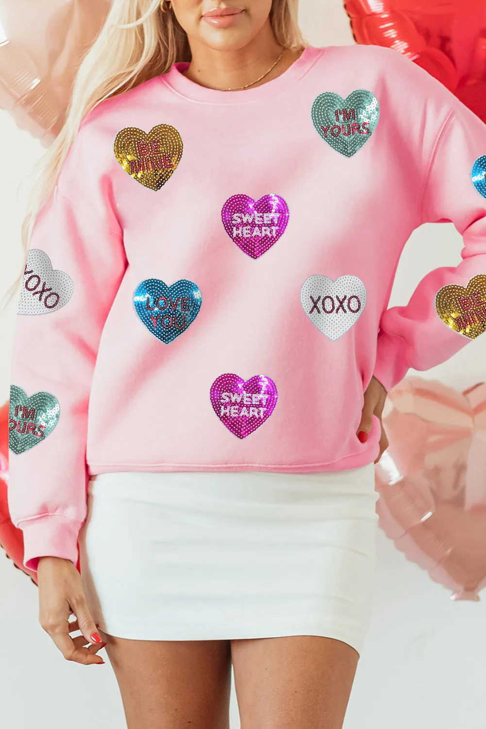 Pink Sequin Romantic Letters Heart Graphic Valentines Sweatshirt sold by Beagle Boutique