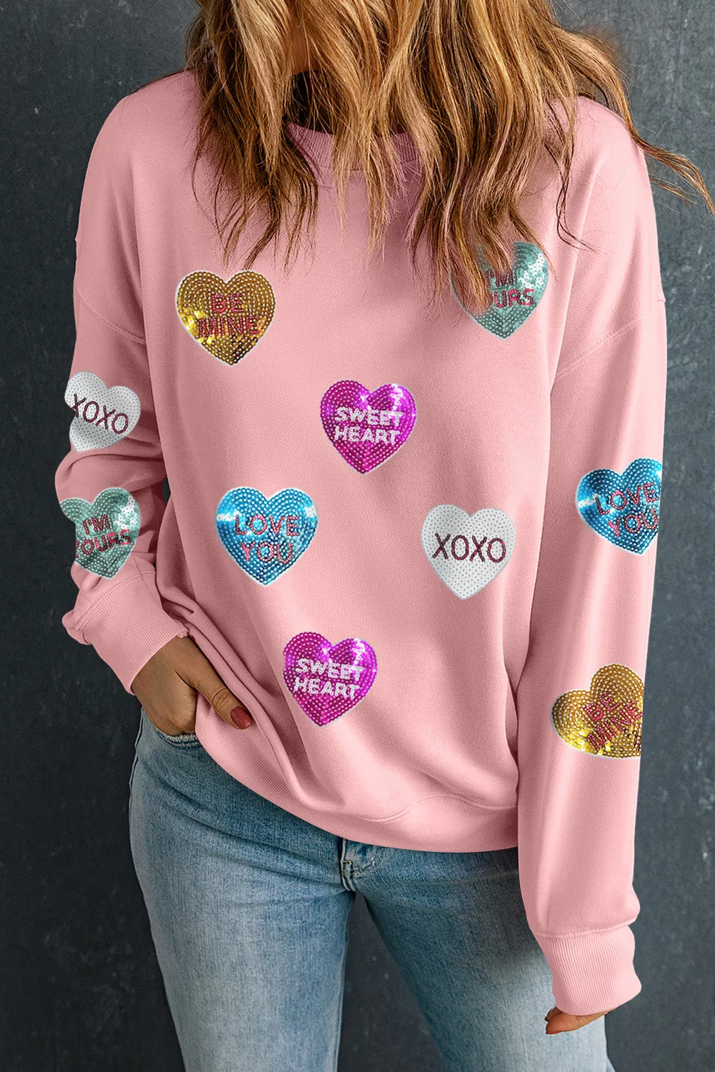 Pink Sequin Romantic Letters Heart Graphic Valentines Sweatshirt sold by Beagle Boutique product image thumbnail 4