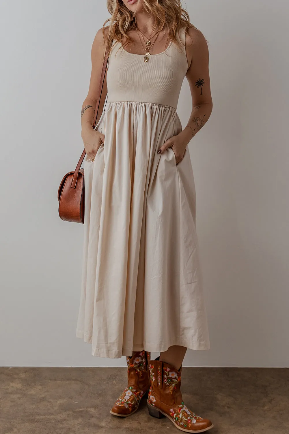 Beige Scoop Neck Ribbed Bodice Pleated Sleeveless Long Dress sold by Beagle Boutique product image thumbnail 3