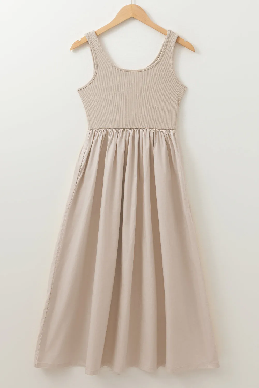 Beige Scoop Neck Ribbed Bodice Pleated Sleeveless Long Dress sold by Beagle Boutique product image thumbnail 5