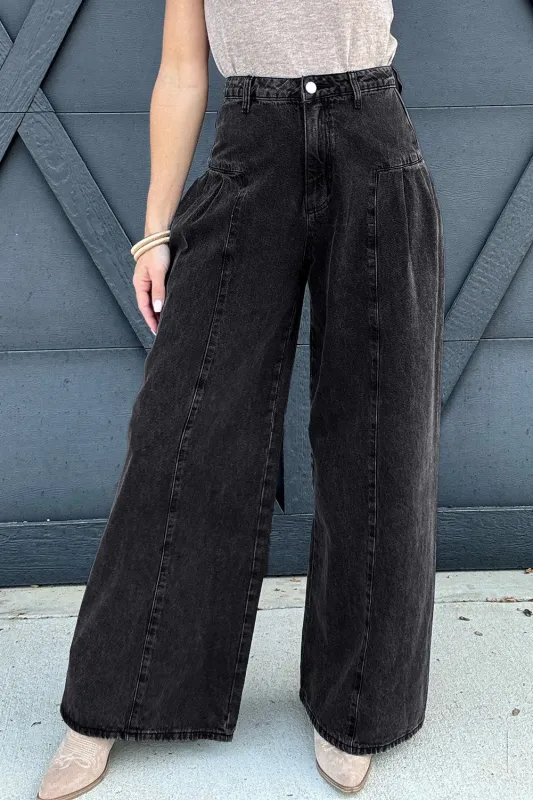 Dark Grey Pleated Wide Leg Mineral Wash Denim Jeans sold by Beagle Boutique