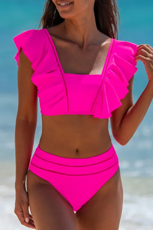 Rose Red Tie Back Ruffled 2pcs Bikini Swimsuit sold by Beagle Boutique