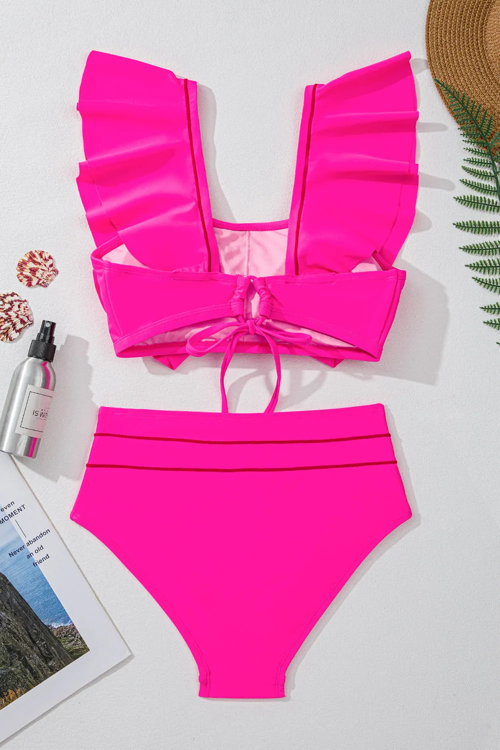 Rose Red Tie Back Ruffled 2pcs Bikini Swimsuit sold by Beagle Boutique product image thumbnail 5