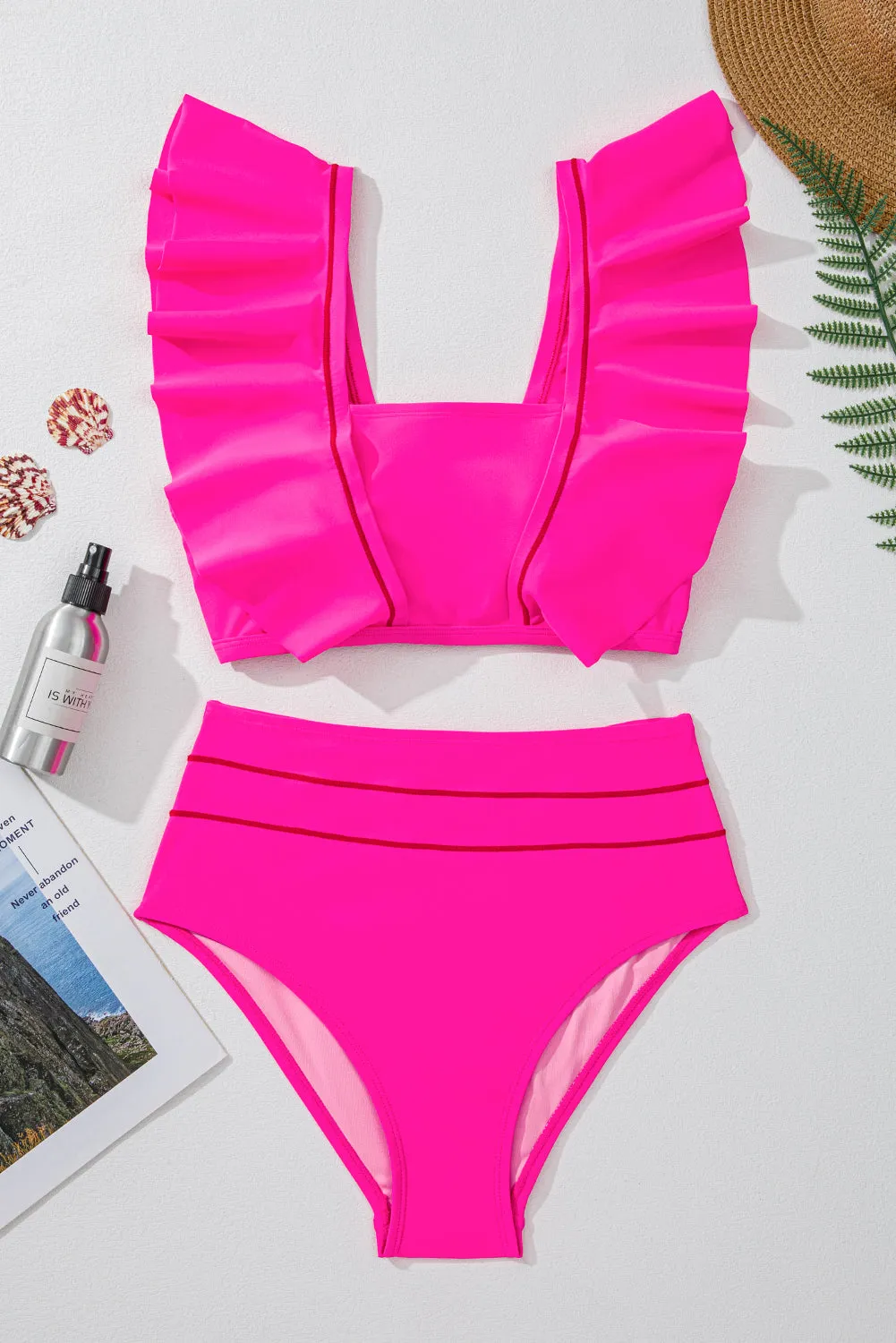 Rose Red Tie Back Ruffled 2pcs Bikini Swimsuit sold by Beagle Boutique product image thumbnail 4